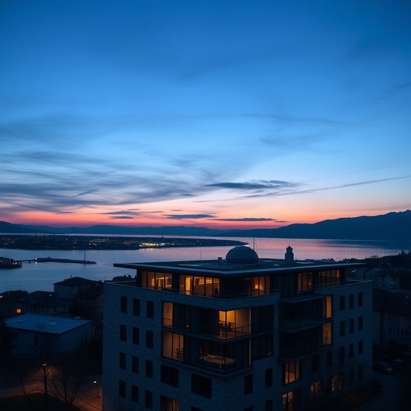 Panorama Kopra ob zori z modernim poslovnim okoljem